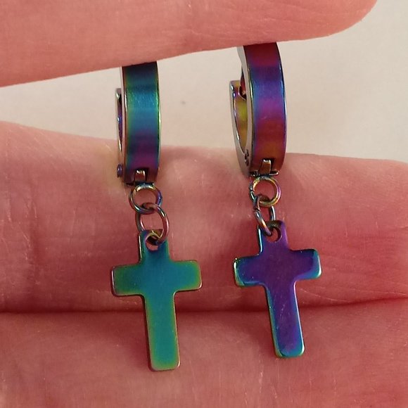 Mens Silver Stainless Steel Mystic Cross Hoop Dangle Earrings 14mm Party Gift - Picture 1 of 6